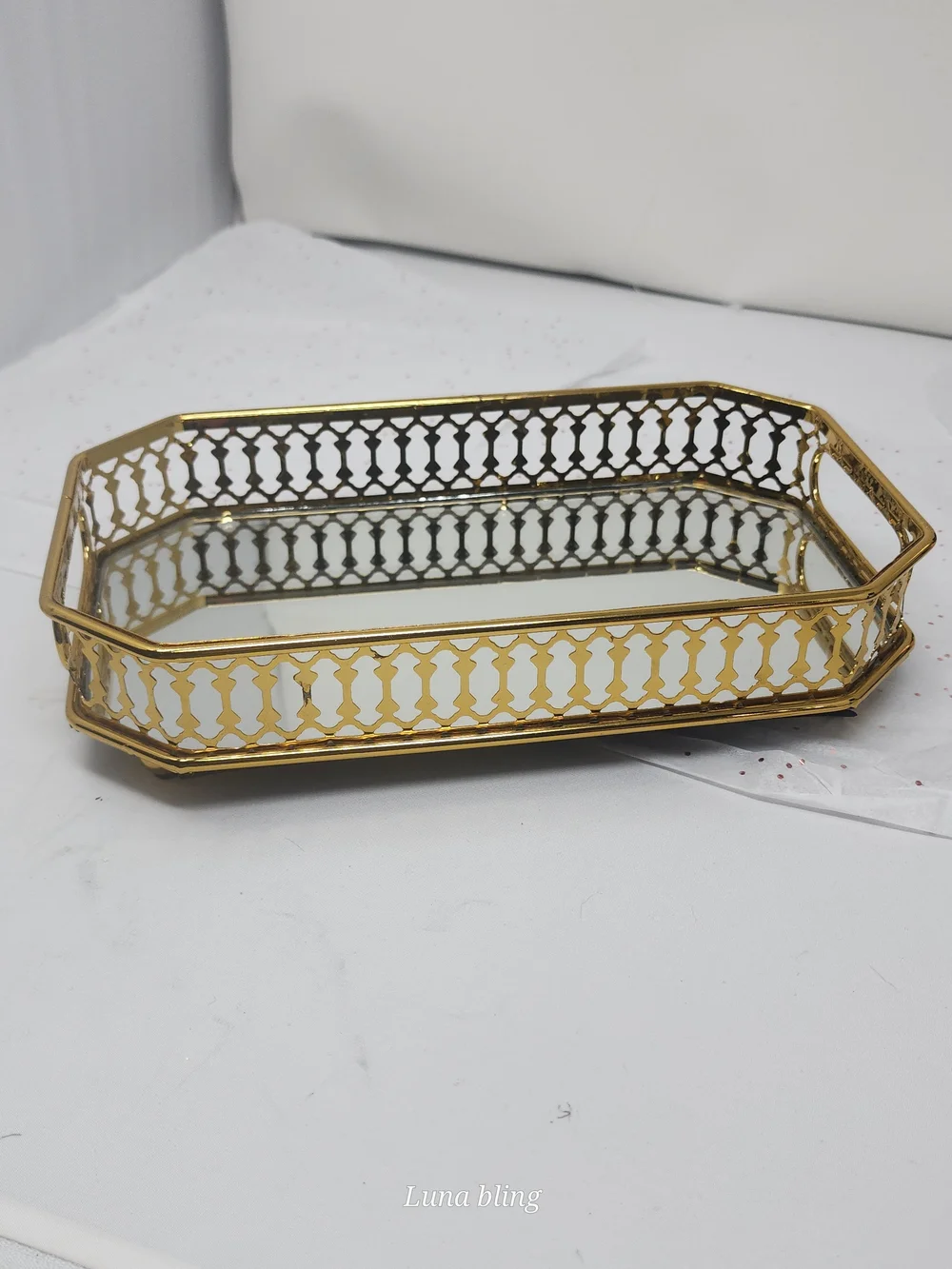 Gold Mirrored Vanity Tray with Decorative Edge